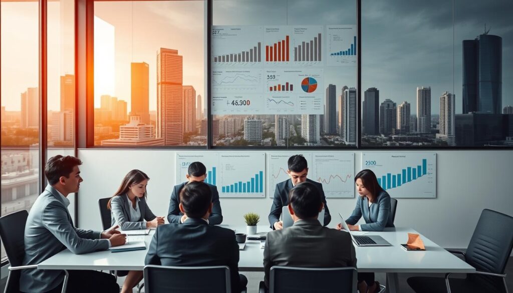 A professional setting depicting an office environment of "Expansion Contabilidade" in São Bernardo do Campo, specializing in industrial accounting. In the foreground, a diverse team of accountants in business attire is engaged in a meeting around a sleek conference table, with financial documents and laptops open. The middle layer features a large wall with charts and graphs related to industrial financial trends. In the background, large windows showcase the urban skyline of Greater São Paulo bathed in warm, afternoon light. The atmosphere is focused and collaborative, conveying a sense of expertise and professionalism in specialized accounting services. Capture this scene with a slight angle from the corner of the room, emphasizing the team dynamic and the modern office design.