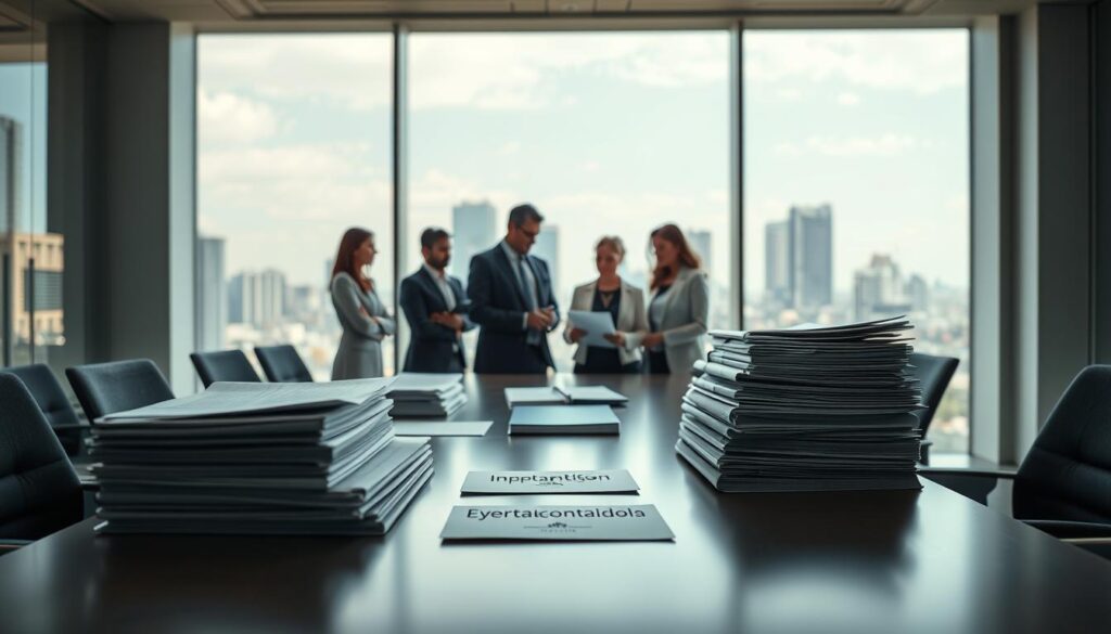 A professional setting depicting "impostos contratos públicos," featuring a modern office environment with a sleek conference table in the foreground. On the table, stacks of official documents, contracts, and tax forms are prominently displayed, suggesting a focus on public contracts and taxation. In the middle ground, a diverse group of professionals in business attire are engaged in a serious discussion, analyzing the documents together. The background showcases large windows with a cityscape of São Bernardo do Campo, emphasizing the locale. Soft natural lighting pours in, creating a serious yet collaborative atmosphere. The brand name "Expansion Contabilidade" is subtly included in the scene, perhaps on a business card or on the contracts. The overall mood conveys professionalism, focus, and adherence to fiscal compliance.