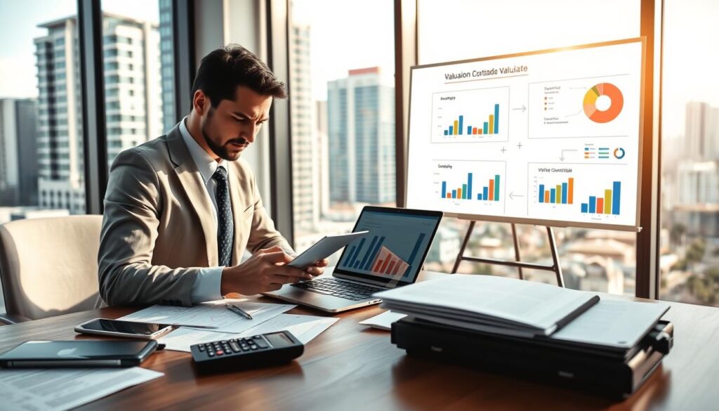 A professional setting depicting the valuation of a company, specifically showcasing "Expansion Contabilidade" in São Bernardo do Campo. In the foreground, a modern office desk is adorned with financial documents, a calculator, and a laptop displaying accounting software. A well-dressed businessperson, wearing professional attire, is engaged in calculations, focused and analytical. In the middle ground, a whiteboard filled with graphs and pie charts illustrates key financial metrics and valuation strategies. The background features large windows overlooking a bustling cityscape, suggesting a vibrant business environment. Soft, natural daylight filters in, creating a bright and optimistic atmosphere. The overall mood conveys professionalism and clarity, emphasizing the importance of financial assessment in business growth.