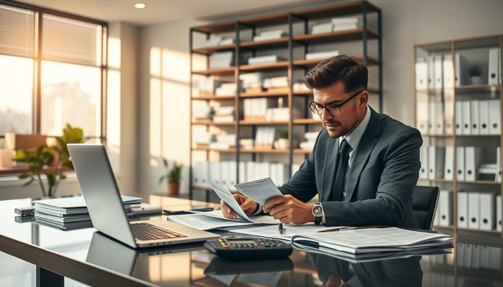 A serene office environment showcasing "Expansion Contabilidade" in São Bernardo do Campo, emphasizing fiscal accounting. In the foreground, a professional financial consultant in business attire, intently analyzing documents on a sleek desk equipped with a modern laptop, a calculator, and financial reports. In the middle ground, shelves filled with files and accounting books, creating an organized, professional ambiance. The background features a large window with natural light streaming in, illuminating the workspace and casting soft shadows. The overall mood is one of focus and professionalism, reflecting the importance of original and valuable content in accounting services. The colors are warm and inviting, enhancing a sense of trust and reliability.