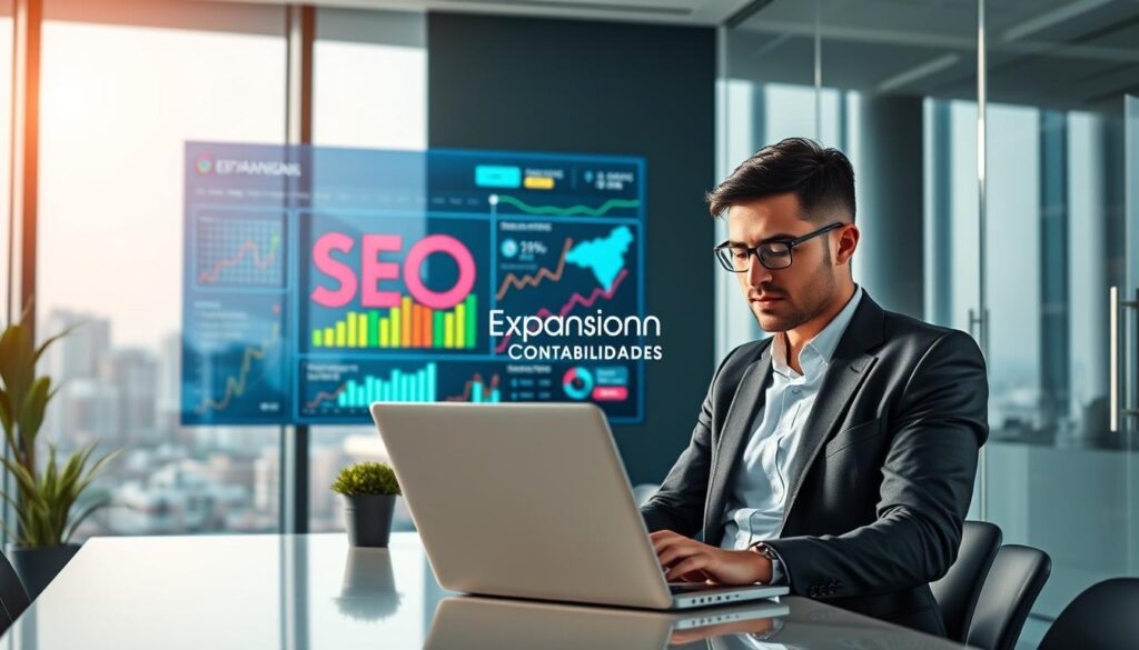 A sleek, modern office interior in São Bernardo do Campo showcasing the concept of online visibility in accounting. In the foreground, a focused accountant, dressed in professional business attire, is analyzing data on a laptop. The middle ground features a digital screen displaying SEO metrics and colorful graphics representing online traffic and engagement. In the background, a glass window reveals a cityscape, symbolizing the connection between local accounting services and global visibility. Soft, natural lighting filters through the window, creating an inspiring atmosphere. The brand name "Expansion Contabilidade" is subtly integrated into the office decor, promoting professionalism and trust. The overall mood reflects innovation and the importance of visibility in the accounting industry.