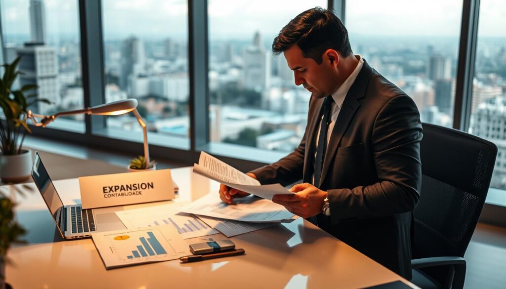 A sophisticated office environment symbolizing fiscal legislation in São Bernardo do Campo. In the foreground, a professional accountant dressed in business attire, examining documents and charts related to tax compliance. The middle ground features a modern desk adorned with a laptop, financial reports, and a branding element displaying "Expansion Contabilidade." In the background, a large window reveals a view of the city skyline, bathed in warm, soft lighting that creates an inviting atmosphere. The scene conveys a sense of professionalism and diligence, highlighting the complexities of fiscal legislation and requirements. The composition should have a slight depth of field, focusing on the accountant while keeping the background slightly blurred to emphasize the subject.