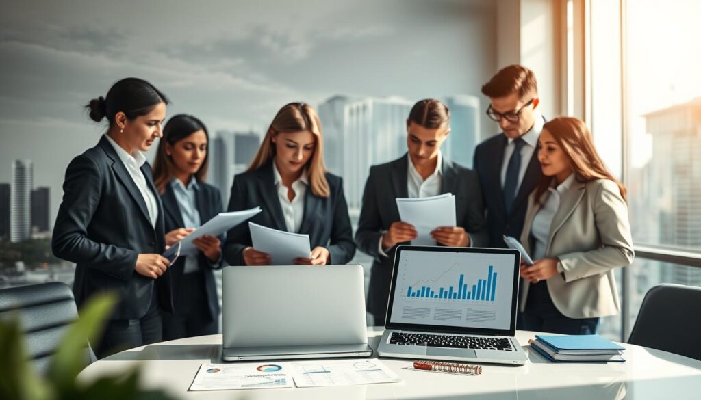 A sophisticated office setting filled with elements symbolic of accounting for medical professionals in São Bernardo. In the foreground, a diverse group of medical professionals in smart business attire, engaged in a collaborative discussion over documents and financial statements, emphasizing monthly accounting follow-ups. In the middle, a modern desk adorned with a laptop displaying charts and graphs, alongside a notepad with the logo "Expansion Contabilidade." The background features an abstract representation of São Bernardo’s skyline, integrating iconic buildings subtly. Soft, natural lighting filters through a window, creating a warm and professional atmosphere. Utilize a narrow depth of field to focus on the group, with a slight bokeh effect on the background to enhance the mood of professionalism and collaboration.