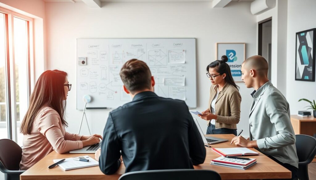 A vibrant and professional image illustrating the concept of "Best Practices for New Entrepreneurs." In the foreground, depict a diverse group of three young professionals in smart casual attire, engaged in a collaborative discussion around a table filled with laptops, charts, and stationery. In the middle ground, showcase a whiteboard filled with brainstorming notes and diagrams, symbolizing strategic planning. In the background, an open office space with large windows lets in natural light, creating an uplifting atmosphere. Include subtle branding elements, such as a logo for "Expansion Contabilidade" displayed on a brochure or wall art. Capture a bright, motivational mood, accentuated by warm lighting to inspire entrepreneurship and innovation.