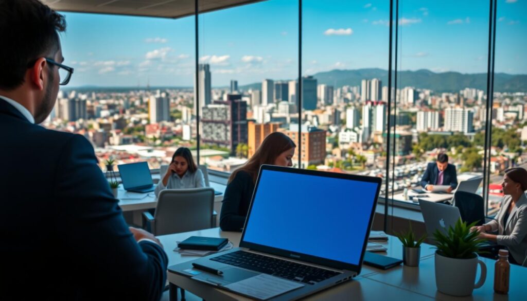 A vibrant cityscape of São Bernardo do Campo, showing a professional office of "Expansion Contabilidade" prominently featured in the foreground, with employees in business attire engaged in discussions and working on laptops. In the middle ground, capture modern office interiors filled with natural light, showcasing financial documents and laptops on desks, reflecting a dynamic work environment focused on accounting. The background reveals a view of São Bernardo do Campo's skyline, with recognizable buildings under a clear blue sky, conveying growth and prosperity. The atmosphere is professional yet inviting, illuminated by soft, warm lighting to enhance a productive mood. Use a wide-angle lens to create depth and perspective, ensuring clarity and detail in the image.