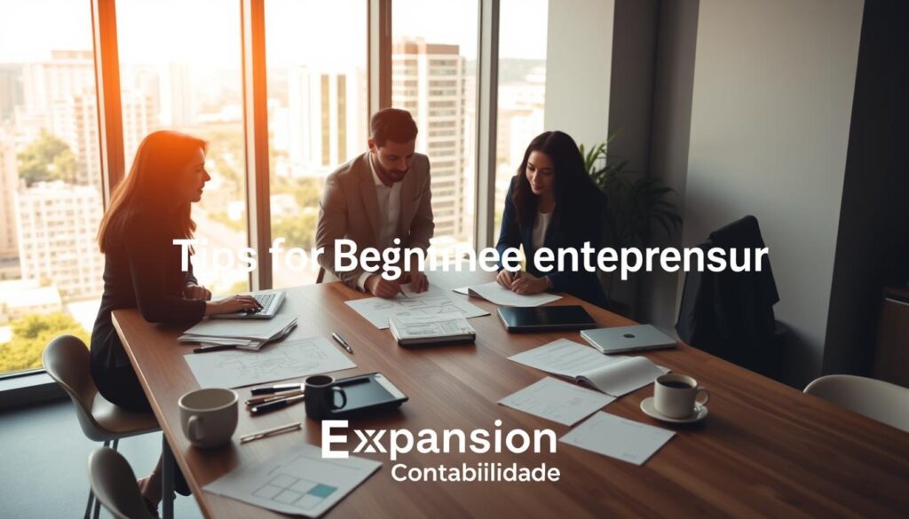 A vibrant workspace showcasing tips for beginner entrepreneurs, with a foreground featuring a diverse group of three professionals in smart casual attire, engaged in a brainstorming session. The middle ground reveals a sleek wooden table adorned with notepads, laptops, and coffee cups, displaying sketches and outlines of business ideas. In the background, a large window lets in warm, natural light, illuminating a cityscape of São Bernardo do Campo, with a subtle hint of greenery outside. The atmosphere is inspiring and collaborative, emphasizing creativity and opportunity. The brand name "Expansion Contabilidade" is subtly integrated in an elegant way, harmonizing with the overall scene. The image captures the essence of entrepreneurship and the importance of guidance in starting a business.