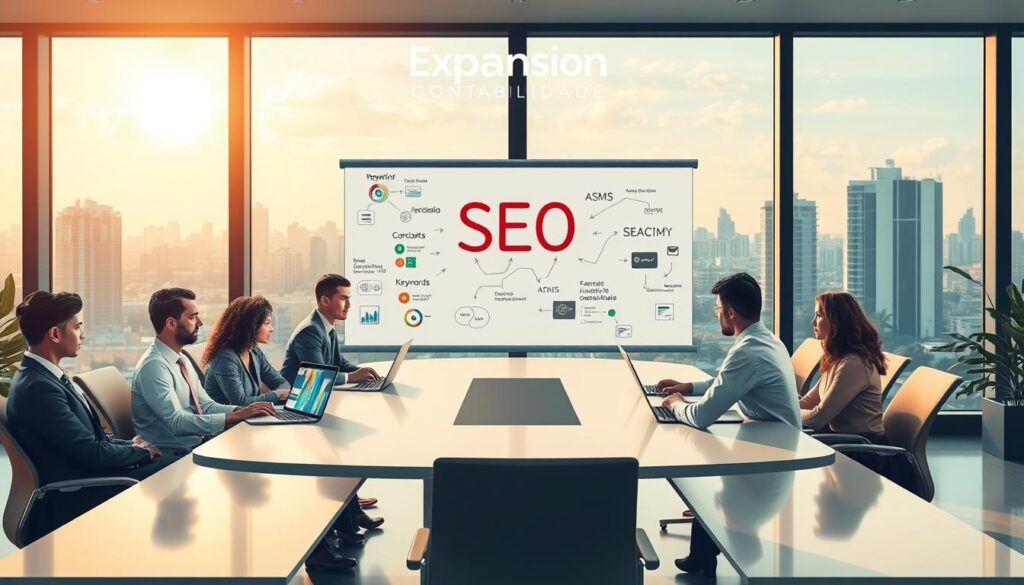 A visually striking digital illustration representing "Search Engine Optimization (SEO)" for a specialized IT accounting firm, set in a modern office environment. In the foreground, a diverse group of professionals in business attire are engaged in a discussion around a sleek conference table, with laptops displaying analytics and graphs related to SEO strategies. The middle layer features a whiteboard filled with keywords, strategies, and diagrams illustrating the SEO process. In the background, large windows offer a panoramic view of São Bernardo do Campo, bathed in warm, natural light, creating a productive and collaborative atmosphere. The brand name "Expansion Contabilidade" is subtly integrated into the office decor, ensuring a professional and cohesive feel throughout the scene.