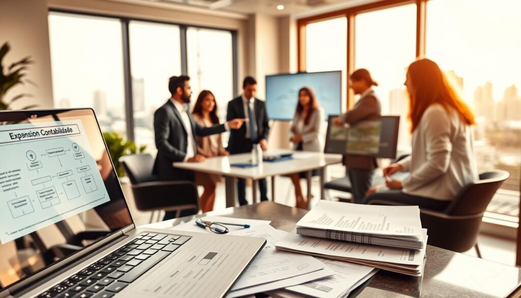 An office scene depicting the process of establishing a business in São Bernardo do Campo, featuring a diverse group of professional individuals in business attire engaged in a discussion. In the foreground, an open laptop displays a spreadsheet titled "Expansion Contabilidade" and various financial documents. The middle ground includes a modern conference table surrounded by a multi-ethnic team, with one person pointing at a flowchart on a digital screen illustrating the company formation process. The background shows a large window with a view of the São Bernardo skyline, bathed in warm, natural light, creating an inviting atmosphere. The room is furnished with contemporary decor, enhancing the professional mood, while emphasizing the importance of accounting in business establishment.