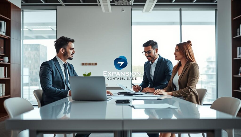 A contemporary accounting office scene representing "Expansion Contabilidade" in São Bernardo do Campo. In the foreground, a diverse group of three professionals—two men and one woman—dressed in smart business attire, are engaged in a discussion around a sleek conference table filled with financial documents and a laptop. The middle ground showcases a well-organized office with modern decor, including shelves of books on finance and family business management. The background features large windows letting in natural light, illuminating the bright space and giving a sense of transparency and trust. The atmosphere is focused and collaborative, conveying the importance of selecting the right accounting partner for family businesses. The image should have a clean, professional look without any text or branding other than the logo of "Expansion Contabilidade" subtly displayed on the wall.