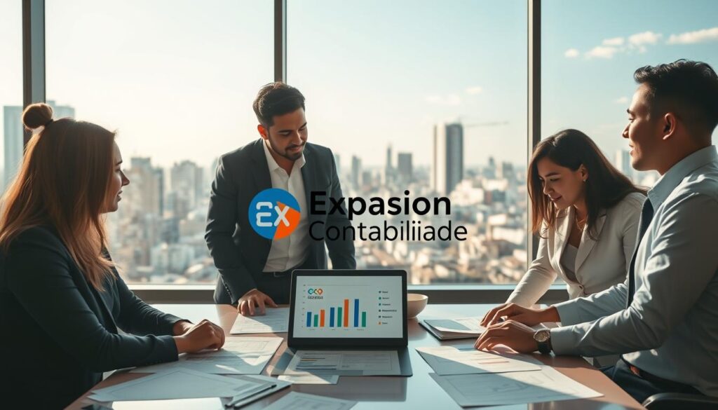 A dynamic urban scene in São Bernardo do Campo, depicting a modern office environment focused on tax reduction for businesses. The foreground features a diverse group of four professionals in business attire, engaged in a discussion around a large table filled with financial documents, charts, and a laptop displaying tax reduction graphics. In the middle ground, a glass window reveals an urban skyline, showcasing São Bernardo's iconic buildings. The background shows a bright, sunny day with a clear blue sky. Soft, natural lighting enhances the atmosphere, creating a sense of optimism and collaboration. The logo "Expansion Contabilidade" is subtly integrated into a presentation slide on the table, reinforcing the theme of legal instruments for tax reduction while maintaining a professional and inviting ambiance.
