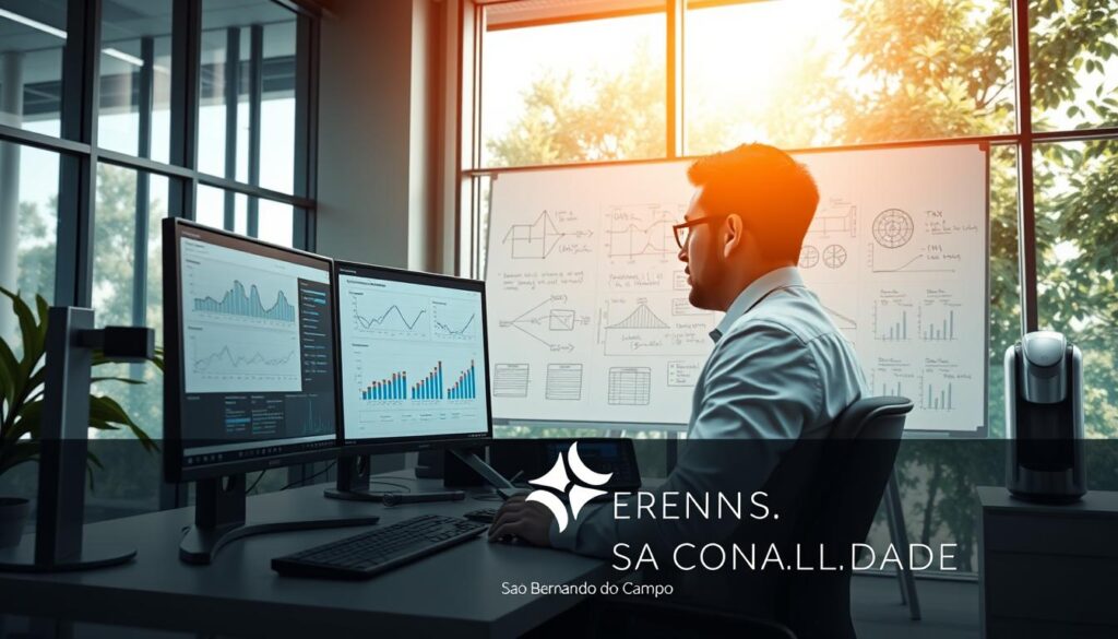 A highly detailed and sophisticated office environment showcasing advanced tax analysis tools. In the foreground, a sleek modern desk with multiple monitors displays tax software and data analytics dashboards. A professional wearing business attire is focused on the screens, symbolizing deep concentration. In the middle ground, a large whiteboard is filled with complex graphs and formulas related to tax strategies, and a coffee machine stands nearby, adding a casual touch. The background features large windows allowing natural light to flood in, creating a bright and optimistic atmosphere. An elegant logo of “Expansion Contabilidade” is subtly integrated into the design, enhancing professionalism. The overall mood is one of diligence and intelligence, reflecting the innovative spirit of tax economy in São Bernardo do Campo.