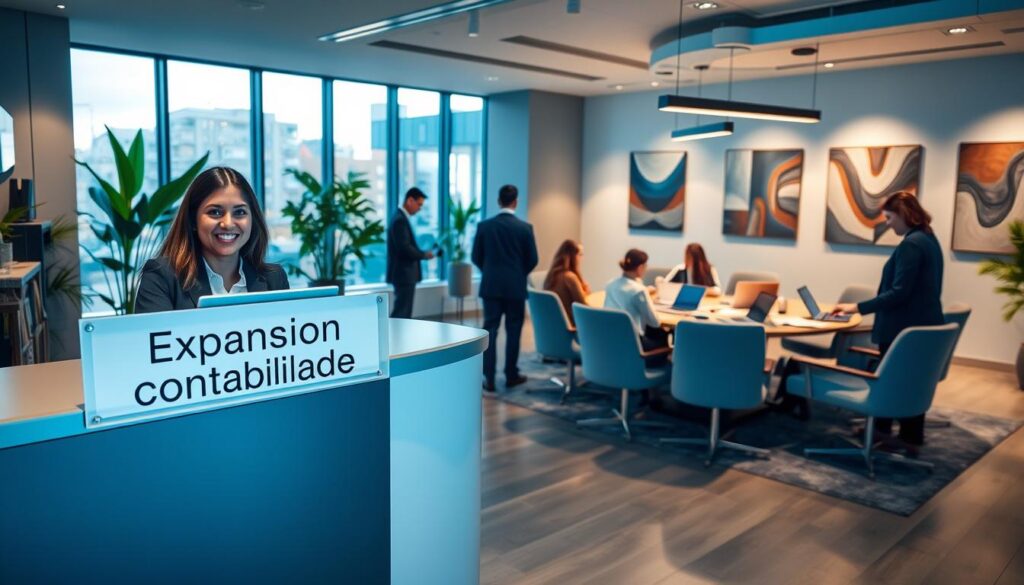 A modern accounting office in São Bernardo do Campo, featuring a sleek reception area with a contemporary desk adorned with a nameplate reading "Expansion Contabilidade". In the foreground, a friendly receptionist in professional attire greets visitors, displaying a welcoming smile. The middle ground showcases a spacious meeting room filled with plush chairs and a large conference table, where a diverse group of professionals in business attire engage in a discussion, with laptops and documents scattered around. The background depicts large windows allowing natural light to flood the space, illuminating plants and modern art on the walls. The atmosphere is professional yet inviting, emphasizing a blend of innovation and trust in accounting services. The color palette is warm, with shades of blue and gray, creating a calming yet dynamic environment.