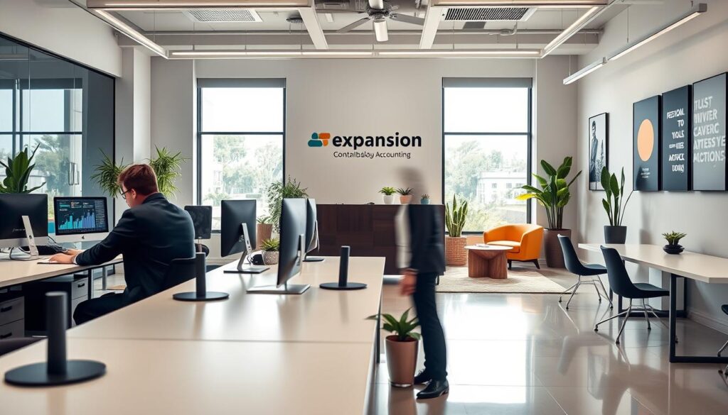 A modern accounting office in São Bernardo do Campo, featuring sleek desks with computers displaying financial data and graphs. In the foreground, professional accountants in smart business attire collaborate over documents, emphasizing teamwork and expertise. The middle ground showcases a stylish reception area with minimalistic decor and comfortable seating, conveying accessibility and modernity. In the background, large windows allow natural light to flood the space, creating a bright and inviting atmosphere. Vibrant potted plants and motivational art on the walls enhance the ambiance. The brand name "Expansion Contabilidade" is subtly integrated into the design, reflecting a professional, responsive, and accessible accounting service. The overall mood is one of professionalism and innovation, suitable for a modern accounting firm. Soft, even lighting highlights the workspace, while a warm color palette adds a friendly touch.
