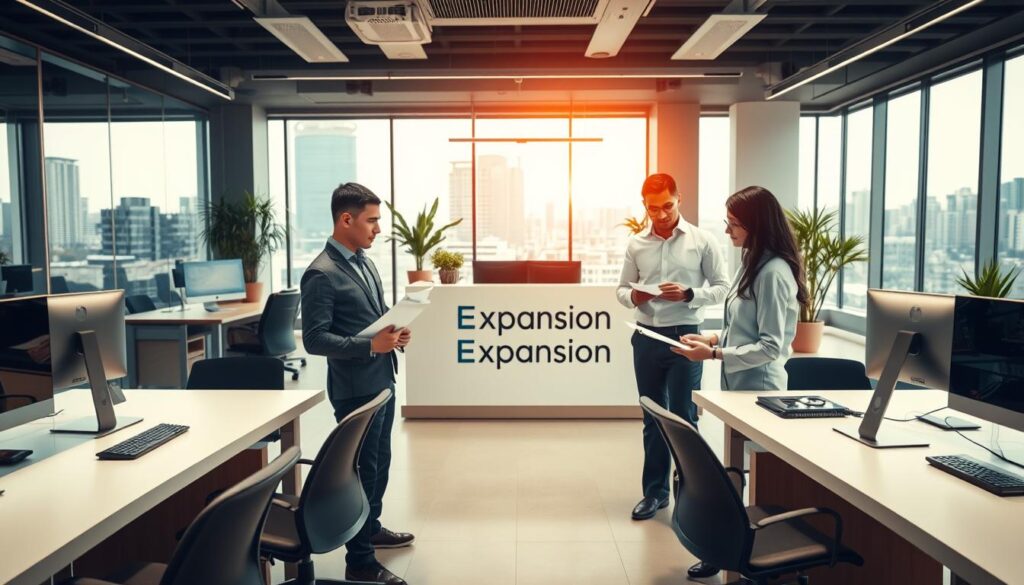 A modern accounting office interior, featuring sleek desks, computers, and professional accounting tools. The foreground shows two business professionals—one male and one female—both dressed in business attire, engaged in a discussion over documents. In the middle ground, a reception area with a welcoming desk displaying the brand name "Expansion Contabilidade," surrounded by tasteful office décor and potted plants. In the background, large windows provide natural light, showcasing an urban view of São Bernardo do Campo. Soft, warm lighting creates a professional yet inviting atmosphere, with a focus on collaboration and efficiency. The overall mood conveys trust, professionalism, and the comprehensive services offered by the accounting firm.