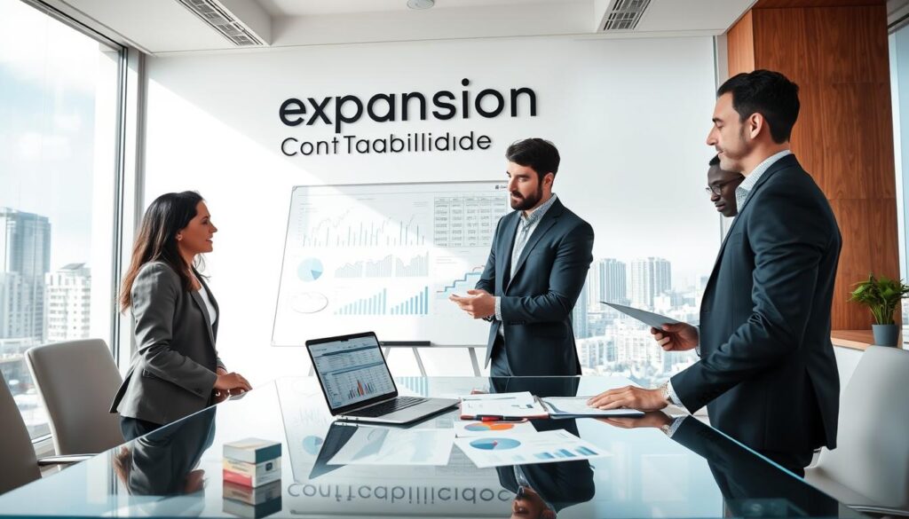 A modern accounting office scene in São Bernardo do Campo, featuring a diverse group of professional accountants engaged in a collaborative discussion. In the foreground, two accountants, a woman in a tailored suit and a man in smart casual attire, examine financial documents on a sleek glass table. In the middle ground, a whiteboard filled with charts and graphs symbolizes strategic planning, while a laptop displays a detailed spreadsheet. In the background, large windows let in natural light, showcasing the cityscape of São Bernardo do Campo. The atmosphere is vibrant yet focused, with an air of professionalism and teamwork. The brand name "Expansion Contabilidade" is subtly displayed on a wall in a modern font. The scene is captured with a wide-angle lens to emphasize both the teamwork and the modern office environment.
