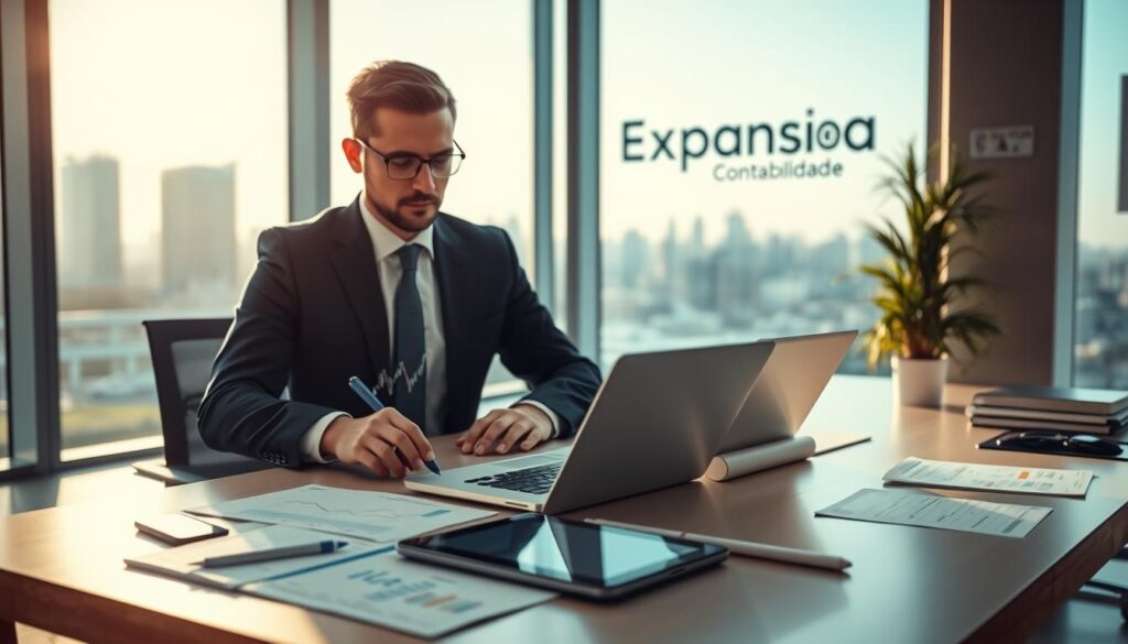 A modern accounting office scene in São Bernardo do Campo, showcasing the innovative tools and technology used in contemporary accounting. In the foreground, a professional accountant in business attire, focused on a laptop displaying complex financial graphs and charts. In the middle, a sleek desk filled with advanced gadgets like a touchscreen tablet and digital accounting software. The background features large windows with a view of the city skyline, bathed in soft, natural light that adds warmth to the atmosphere. The space is organized and minimalist, promoting a sense of efficiency and professionalism. Ensure the brand name "Expansion Contabilidade" is subtly incorporated into the office design, perhaps on a wall or branding material. The overall mood is dynamic and forward-thinking, ideal for reflecting innovation in accounting services.