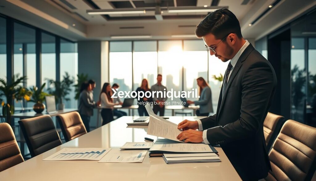 A modern accounting office scene in São Bernardo do Campo, showcasing the theme of business growth. In the foreground, a professional accountant in business attire, attentively reviewing financial documents on a sleek desk. The middle ground features a diverse team engaged in a collaborative discussion, surrounded by modern technology like laptops and charts. The background reveals a large window with a view of the São Bernardo skyline, bathing the room in natural light. The atmosphere is focused and productive, reflecting a commitment to helping businesses thrive. The brand name "Expansion Contabilidade" is subtly included in the office decor. Use warm lighting to enhance the professional yet welcoming mood, captured at eye level for an inviting perspective.
