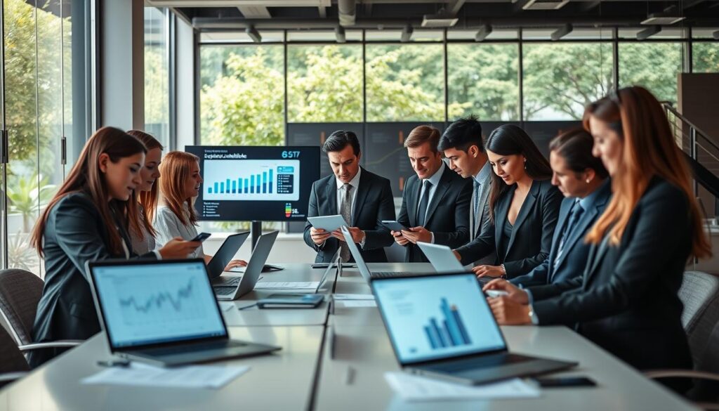 A modern accounting office scene, showcasing "Expansion Contabilidade," with a sleek, contemporary design. The foreground features a diverse group of professionals in smart business attire actively engaging with high-tech devices, laptops, and digital reports, illustrating innovation in accounting. The middle ground showcases interactive screens displaying analytical graphs and data visualizations. The background reveals a bright, open workspace with large windows, letting in natural light, and lush greenery visible outside, enhancing the modern atmosphere. Soft, warm lighting creates an inviting mood, while a slight depth of field effect focuses on the team’s collaboration and innovative solutions. The overall ambiance should convey professionalism, modernity, and a strategic approach to digital accounting in São Bernardo do Campo.