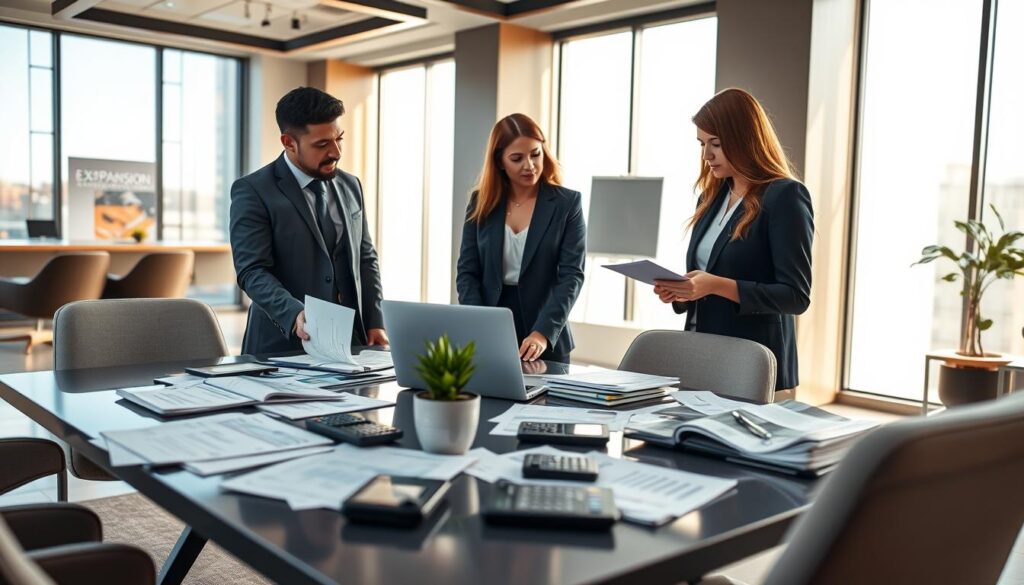 A modern accounting office scene, showcasing professionals at work, representing "Expansion Contabilidade". In the foreground, a diverse group of two business professionals (one male, one female) in smart business attire, engaged in discussion over financial documents and a laptop. The middle layer features a sleek conference table cluttered with financial reports, calculators, and a plant for a touch of greenery. In the background, large windows allow soft, natural light to illuminate the space, casting warm shadows on the contemporary furniture. The atmosphere is focused and professional, reflecting a premium service environment in São Bernardo do Campo, with hints of corporate branding tastefully integrated into the design. Capture this scene with a balanced depth of field to emphasize the subjects while maintaining clarity in the details behind them.