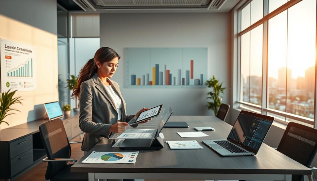 A modern and sleek office environment representing "Expansion Contabilidade" in São Bernardo do Campo, focused on financial consulting. In the foreground, a professional businesswoman in a smart casual outfit analyzes financial charts on a digital tablet. The middle ground features a stylish desk with financial documents, a laptop displaying data analytics, and a colorful infographic on a nearby wall about technology's role in financial management. The background showcases a large window with a view of São Bernardo do Campo's skyline, bathed in soft, natural light creating a productive atmosphere. The mood is innovative and focused, symbolizing the integration of technology in controladoria. Use a wide-angle lens to capture the dynamic workspace, emphasizing a professional yet inviting feel.