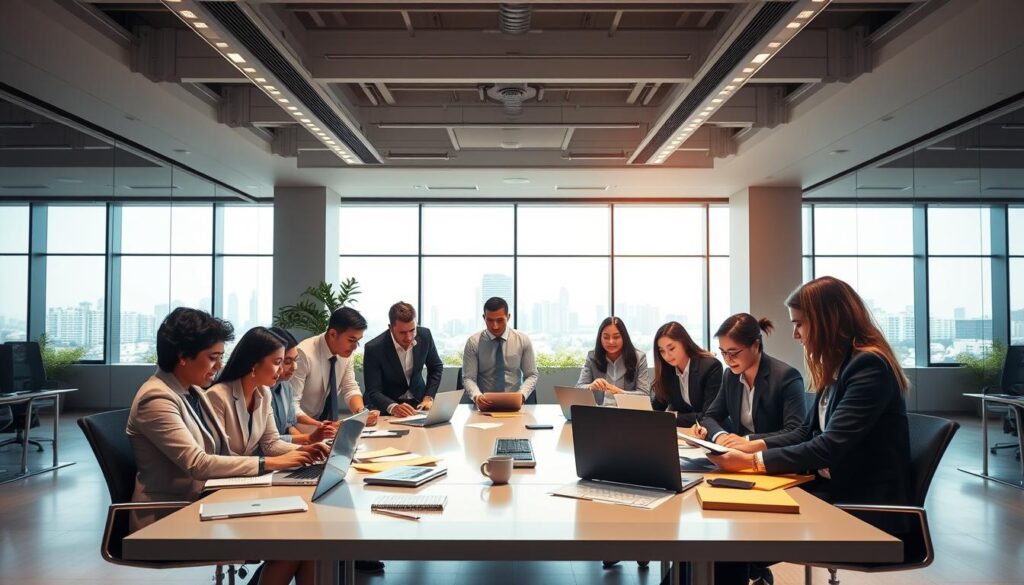 A modern, elegant office space representing "Expansion Contabilidade" in São Bernardo do Campo. In the foreground, showcase a diverse group of professionals, dressed in smart business attire, collaborating over vibrant documents and digital devices, embodying the generation of valuable and original content. The middle ground reveals a sleek conference table adorned with laptops, notepads, and coffee cups, enhancing the productive atmosphere. In the background, large windows flood the space with natural light, highlighting city views and greenery outside. The overall mood is dynamic and inspiring, with warm, inviting lighting and a sense of teamwork and innovation, emphasizing a premium and trustworthy accounting service.