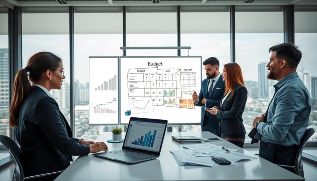A modern office environment in São Bernardo do Campo, featuring a contemporary workspace with sleek desks and a large whiteboard filled with strategic budget plans. In the foreground, a diverse group of four professionals in smart business attire collaborate, discussing graphs and charts related to financial planning. The middle of the image showcases a laptop displaying a detailed budget spreadsheet, while financial documents and calculators are scattered around. The background exhibits large windows with a view of the urban skyline, allowing natural light to flood the room, creating a bright and productive atmosphere. The overall mood reflects focus and teamwork, symbolizing the essence of "Estrutura do Orçamento Empresarial." Include a subtle logo of "Expansion Contabilidade" on the whiteboard to reinforce professionalism.