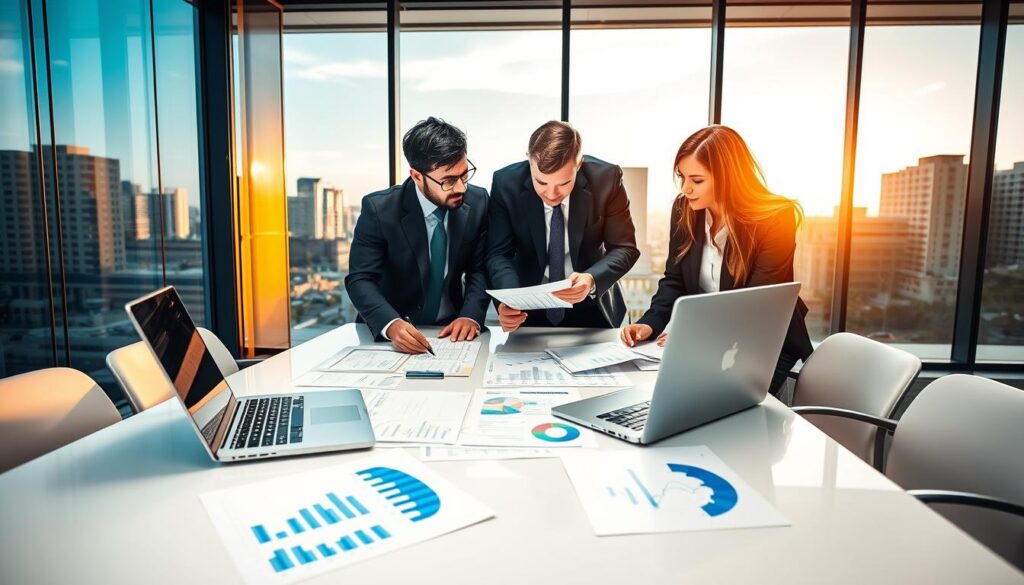 A modern office environment representing "Expansion Contabilidade" in São Bernardo do Campo, featuring a diverse team of four professionals in smart business attire collaborating over financial reports and charts on a sleek conference table. The foreground showcases detailed financial documents and a laptop displaying analytical graphs. In the middle, the team is engaged in a lively discussion, embodying teamwork and expertise. The background reveals large windows with a city view, letting in warm, natural light that creates an inviting atmosphere. The scene conveys a sense of focus and professionalism, emphasizing financial analysis and control. The overall mood is vibrant and energetic, reflecting a proactive approach to financial management and consultancy.
