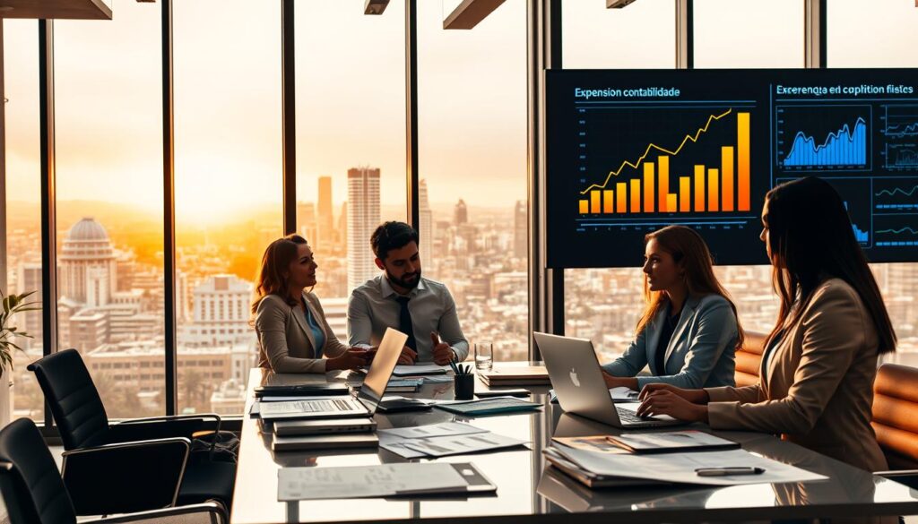 A modern office environment showcasing "Tendências em Auditoria e Compliance Fiscal". In the foreground, a diverse group of three professionals in business attire are engaged in a discussion around a sleek conference table cluttered with financial documents and laptops. The middle ground features a large, transparent glass window revealing a cityscape of São Bernardo do Campo bathed in warm daylight, symbolizing growth and transparency. In the background, a digital display shows graphs and compliance trends. The lighting is bright and inviting, casting soft shadows, emphasizing a collaborative atmosphere. Overall, the mood is optimistic and focused, highlighting the importance of fiscal compliance and auditing practices, with "Expansion Contabilidade" subtly integrated into the office decor.