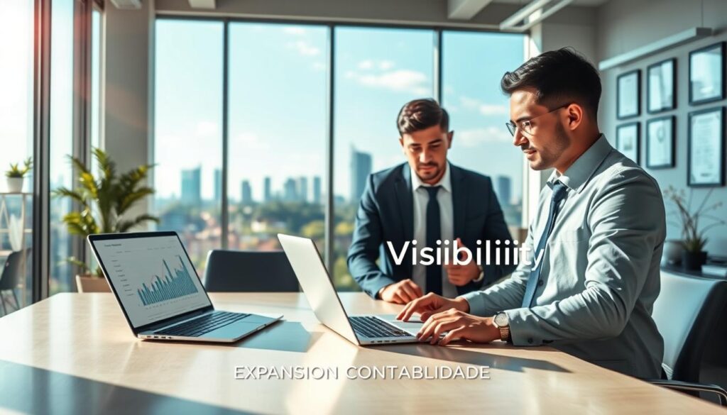 A modern office environment symbolizing "SEO and Visibility" in accounting, featuring a sleek desk with a laptop displaying analytics and graphs. In the foreground, a professional accountant in smart attire, focused and engaged with digital marketing tools. In the middle ground, elements like a large window with a view of São Bernardo do Campo’s skyline, showcasing a blend of urban landscape and greenery. The background includes a wall with framed certifications and modern decor, enhancing the professionalism. Bright, natural light streams in, creating an inviting atmosphere. The mood is inspiring and dynamic, emphasizing the concept of maximizing reach. Incorporate the brand name "Expansion Contabilidade" subtly into the scene, enhancing the narrative without overt distraction.