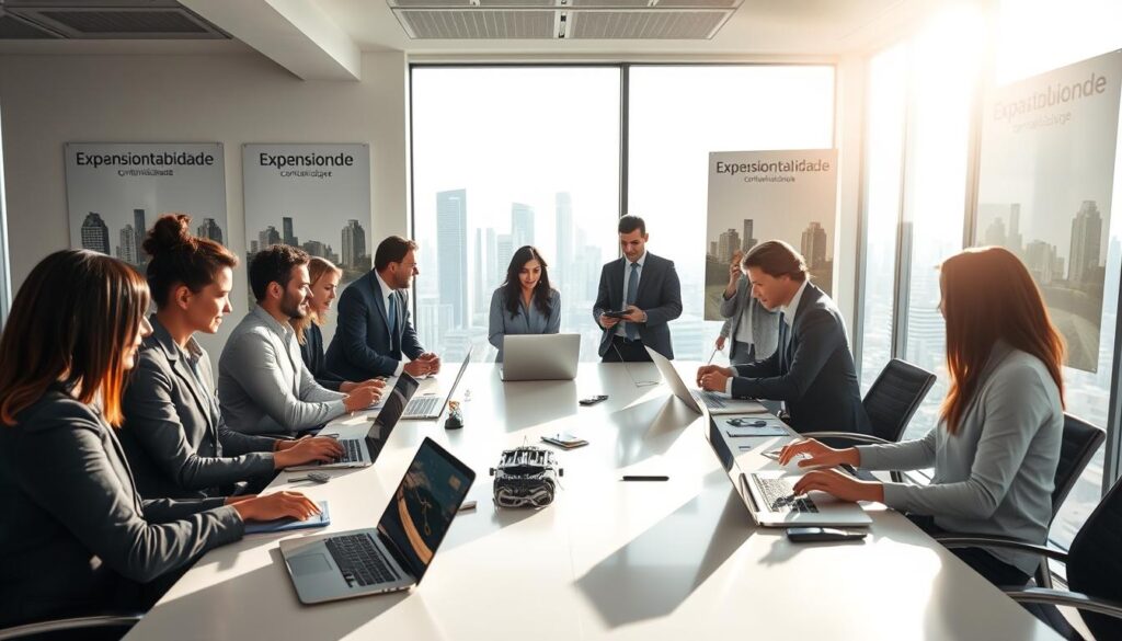 A modern office scene in São Bernardo do Campo, showcasing the cutting-edge technology used in accounting. In the foreground, a diverse group of professionals in business attire are engaged in a strategic discussion around a sleek conference table, with laptops, digital tablets, and advanced accounting software displayed. The middle ground features a large window revealing a city skyline, with sunlight streaming in, casting dynamic shadows across the room. In the background, posters displaying the brand "Expansion Contabilidade" adorn the walls, reflecting a professional and innovative atmosphere. The lighting is bright and inviting, creating a sense of collaboration and forward-thinking. The overall mood is energetic yet focused, embodying the concept of high-level accounting facilitated by technology.