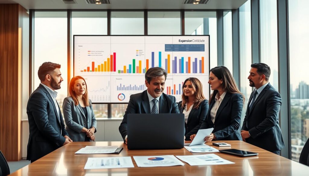 A modern office scene set in São Bernardo do Campo, showcasing a medium to large accounting firm. In the foreground, a group of diverse professionals dressed in smart business attire are engaged in a discussion around a conference table, with a laptop and financial reports in front of them. In the middle ground, colorful charts and graphs visible on a large wall screen illustrate advanced tax management strategies. The background features a sleek office design with large windows revealing a city skyline, bathed in soft afternoon sunlight, creating a warm, collaborative atmosphere. The brand name "Expansion Contabilidade" is subtly integrated into the office design. The composition is captured from a slightly elevated angle, emphasizing the teamwork and professionalism essential in advanced tax management.