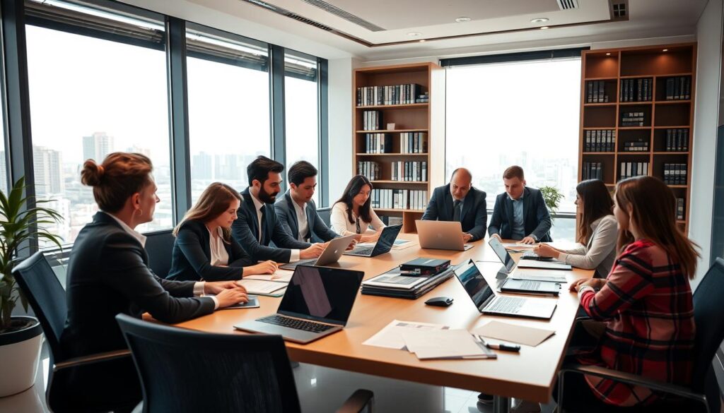 A modern office scene showcasing "Expansion Contabilidade" providing tax compliance solutions. In the foreground, a diverse group of professionals in business attire engaged in a productive discussion around a large conference table covered with documents, laptops, and digital tablets. The middle ground features a large window with natural light flooding into the space, highlighting a cityscape view of São Bernardo do Campo. In the background, a well-organized bookshelf filled with tax regulations and compliance manuals adds depth. The atmosphere is focused and professional, conveying a sense of success and collaboration. Use soft, warm lighting to create an inviting ambiance, captured from a slightly elevated angle to encompass the working environment effectively.
