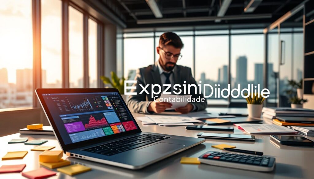 A modern office setting depicting advanced accounting tools in São Bernardo do Campo. In the foreground, a sleek laptop displays vibrant accounting software interfaces, with a financial graph rising prominently on the screen. Scattered around are colorful sticky notes and an organized desk filled with digital devices like tablets and smart calculators. The middle ground features a well-dressed accountant, wearing professional attire, intently reviewing financial documents, emphasizing focus and expertise. In the background, large windows reveal a view of São Bernardo's skyline, bathed in soft, warm lighting that creates an inviting atmosphere. The brand name "Expansion Contabilidade" is subtly integrated into the workspace decor, enhancing the professional environment. Overall, the image conveys innovation and the transformation of accounting through digital tools.