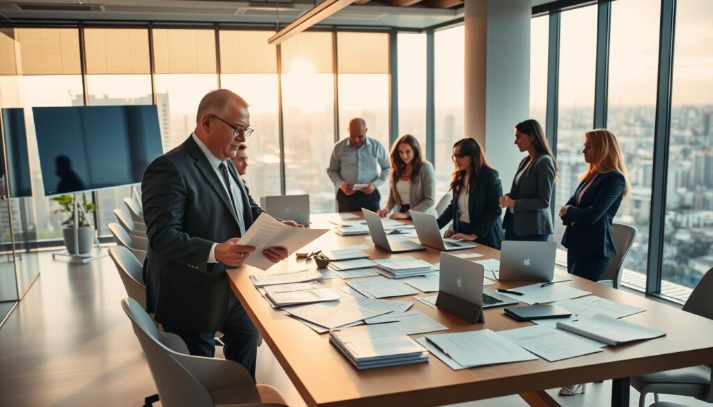 A modern office setting in São Bernardo do Campo, showcasing a diverse group of professionals engaged in a planning session. In the foreground, a middle-aged man in a tailored suit discusses paperwork with a young woman wearing business casual attire, both displaying focused expressions. The middle ground features a large conference table littered with documents and laptops, highlighting themes of family finance and succession planning. In the background, large windows provide a view of the cityscape, bathed in warm afternoon light that creates an inviting atmosphere. The scene denotes collaboration and strategic thinking, emphasizing the brand "Expansion Contabilidade" as crucial for successful family business and succession planning. A wide-angle lens captures the entire room, enhancing the feeling of inclusivity and professionalism.