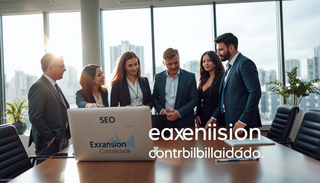 A modern office setting in São Bernardo do Campo, showcasing a sleek workspace dedicated to SEO and accounting. In the foreground, a diverse group of professionals, dressed in smart business attire, are engaged in a discussion around a laptop displaying SEO analytics and accounting software. The middle layer features a large window with natural sunlight streaming in, illuminating the space and casting soft shadows. The background includes a cityscape of São Bernardo do Campo with recognizable buildings. The mood is collaborative and focused, reflecting strategic growth. The company branding "Expansion Contabilidade" is subtly integrated in the environment, perhaps on a wall or a document on the table. The image is captured with a slight depth of field, emphasizing the professionals while maintaining a clear view of the surroundings.