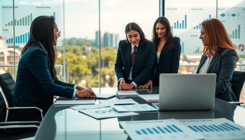 A modern office setting showcasing "Expansion Contabilidade," with a focus on small and medium enterprises in São Bernardo do Campo. In the foreground, a diverse group of three professionals, dressed in smart business attire, are engaged in a productive discussion around a sleek conference table covered with financial documents and a laptop. The middle ground features a large window that reveals a vibrant cityscape of São Bernardo do Campo, with clear blue skies and green trees. The background includes a glass wall displaying charts and graphs related to accounting services. Soft, natural lighting creates a warm atmosphere, while a slight depth of field effect focuses on the professionals. The overall mood is one of collaboration and professionalism, emphasizing the importance of accounting for businesses.