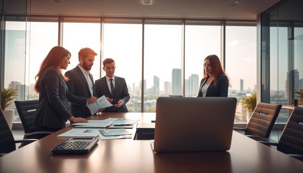A modern office setting showcasing the services of "Expansion Contabilidade." In the foreground, a diverse group of three professionals in business attire are engaged in a discussion over financial reports and laptops, exuding collaboration and expertise. The middle section features a sleek conference table with neatly organized documents, a calculator, and a laptop displaying graphs and financial data. The background highlights a large window with a view of São Bernardo do Campo's skyline, allowing natural light to filter in, creating a bright and welcoming atmosphere. The overall mood conveys professionalism and reliability, emphasizing a complete accounting support environment. The image should be well-lit, using a warm daylight setting to enhance the inviting ambiance.