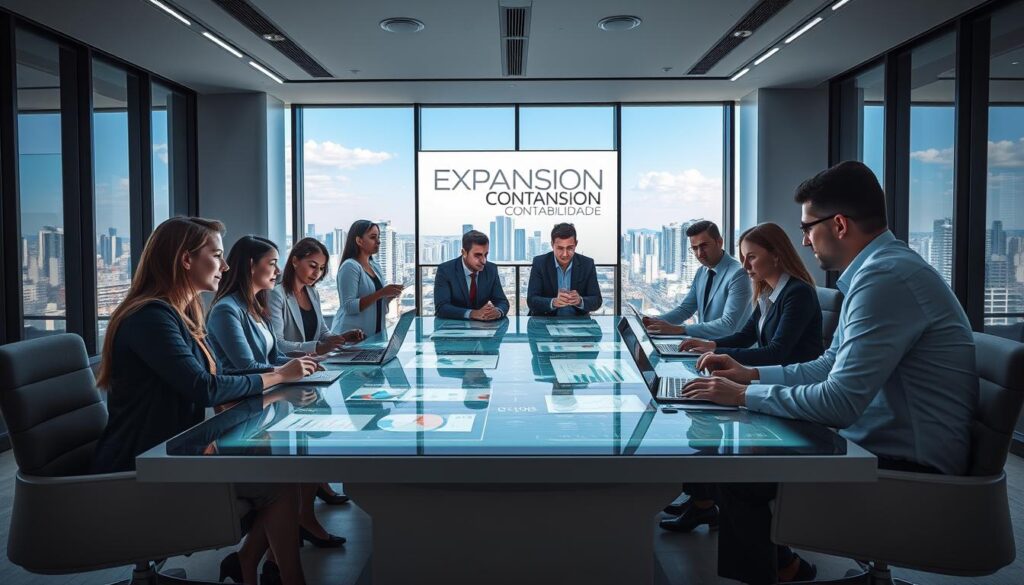 A modern office space showcasing technology-driven accounting solutions for e-commerce. In the foreground, a diverse group of professionals in business attire collaborates around a sleek, high-tech table, analyzing financial data on digital devices. The middle ground features large screens displaying graphs and competitive analysis, illuminated by bright, focused lighting. The background highlights a contemporary office with large windows, showing a cityscape of São Bernardo do Campo under a clear blue sky. The mood is dynamic and collaborative, conveying innovation and progress. Incorporate the brand name "Expansion Contabilidade" subtly on a digital screen. The overall ambiance should reflect professionalism and a forward-thinking approach to accounting.