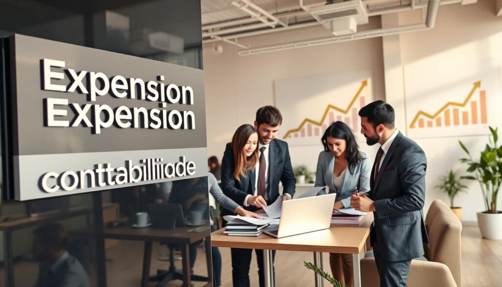 A modern, professional accounting office in São Bernardo do Campo, displaying the brand name "Expansion Contabilidade" prominently on a sleek sign. In the foreground, depict a diverse group of well-dressed accountants, including a woman and two men, engaged in a discussion over financial documents and laptops. The middle ground features a spacious, well-lit office with contemporary furniture, large windows allowing natural light to fill the room, and plants for a touch of warmth. In the background, a chart displaying financial growth is visible on a wall. The atmosphere is collaborative and trustworthy, with soft, warm lighting to convey professionalism and reliability. Use a slightly elevated angle for a dynamic view of the scene.