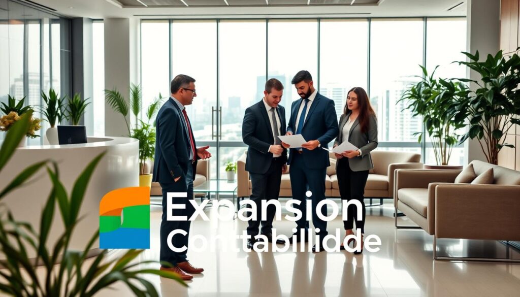 A modern, professional accounting office in São Bernardo do Campo, featuring the brand name "Expansion Contabilidade" prominently displayed in the foreground. The office is elegantly furnished with a sleek reception desk, comfortable seating, and greenery for a welcoming atmosphere. In the middle ground, a diverse group of three professionals, two men and one woman, in business attire, are engaged in a discussion over financial documents and a laptop, showcasing collaboration and expertise. The background includes a large window revealing a sunny cityscape, indicating growth and opportunity. Soft, natural lighting enhances the professionalism of the scene, with a focus on clarity and organization, reflecting the essence of reliable accounting services.