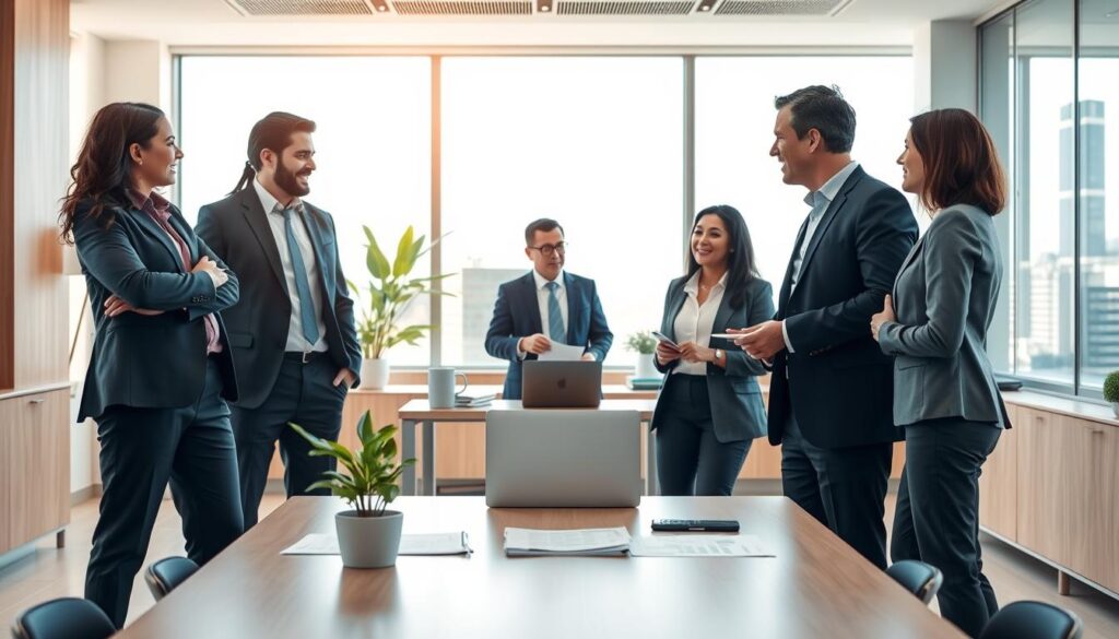 A modern, professional financial consultancy office interior depicting "Expansion Contabilidade." In the foreground, a diverse group of three business professionals engaged in an animated discussion; they are dressed in smart suits and casual business attire. In the middle ground, a sleek, contemporary desk with financial reports, a laptop, and a potted plant. The background features large windows allowing natural light to flood the room, creating a warm, inviting atmosphere. Light wood accents and minimalist decor enhance the professionalism of the space. The overall mood is one of collaboration and growth, emphasizing the benefits of strategic accounting for expanding businesses in São Bernardo do Campo. The image should be well-lit, with a focus on capturing a dynamic yet professional environment.