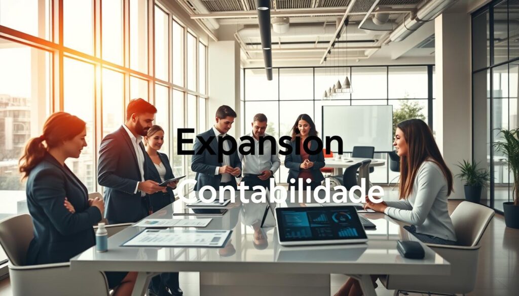 A modern, sleek accounting office in São Bernardo do Campo, showcasing the latest trends and innovations in accountancy. In the foreground, a diverse group of professionals in business attire, engaged in a strategic discussion over digital devices and financial reports. The middle layer features an elegant conference table with advanced technological tools like tablets and financial dashboards. The background displays a stylish office space with large windows, natural light pouring in, and contemporary decor emphasizing a blend of professionalism and modernity. The atmosphere is collaborative and dynamic, reflecting a forward-thinking approach. The brand name "Expansion Contabilidade" subtly integrated into the scene. The composition should have a warm, inviting color palette with a focus on clarity and sophistication.