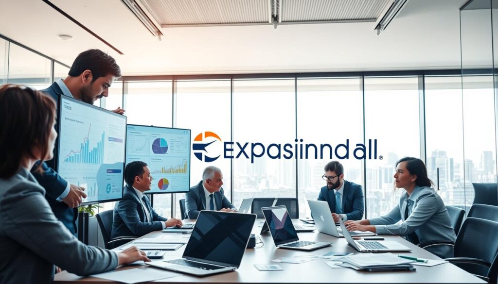 A modern, sleek office environment featuring advanced tax management technology solutions. In the foreground, a diverse group of business professionals, dressed in smart business attire, collaborate over digital screens showcasing tax analytics and data management software. The middle ground includes a large conference table with laptops, graphs, and financial documents scattered about, emphasizing a dynamic discussion. The background reveals a glass wall with a view of São Bernardo do Campo's skyline, adding a local touch. The lighting is bright and inviting, with natural light streaming in. The mood is focused yet collaborative, reflecting innovation and integrity in business practices. Include logos and branding elements of "Expansion Contabilidade" subtly integrated within the office decor.