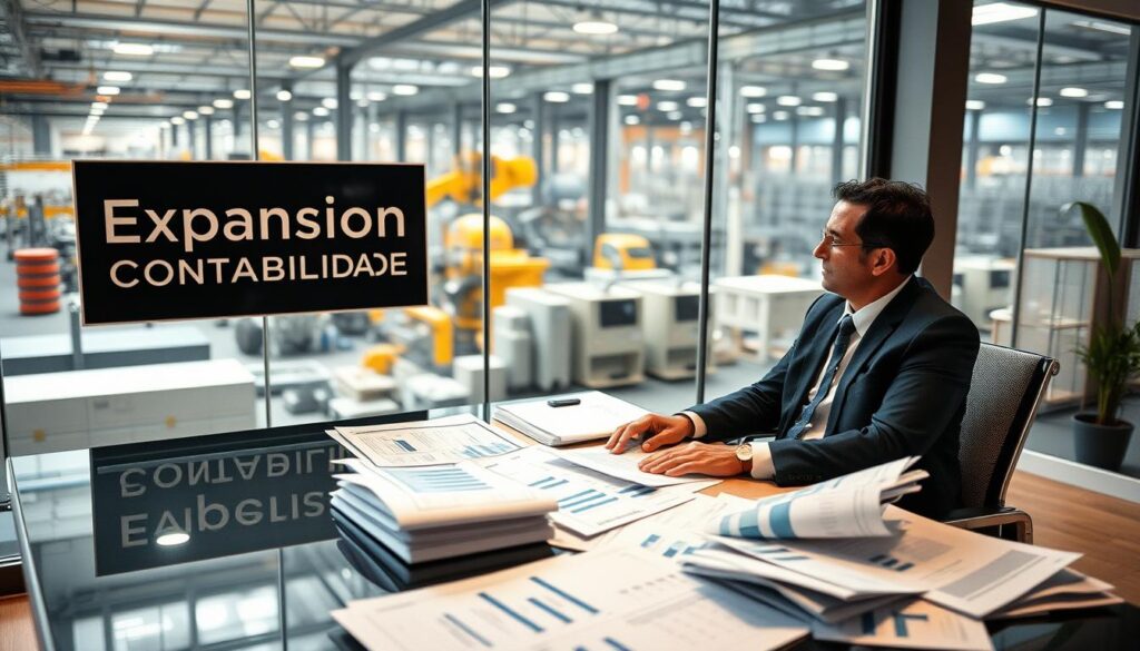 A professional accountant is sitting at a sleek desk cluttered with financial reports and industrial charts, wearing smart business attire. In the background, a large glass window offers a view of an industrial facility in São Bernardo do Campo, with machinery and bustling activity. The room is well-lit with warm, natural light streaming in, highlighting the intricate details of the financial documents and the brand name "Expansion Contabilidade" displayed on a stylish wall plaque. The atmosphere is focused and productive, embodying expertise and professionalism in industrial accounting. Capture this scene with a slight depth of field, using a 50mm lens to create a soft blur on the background, drawing attention to the accountant and the financial data.