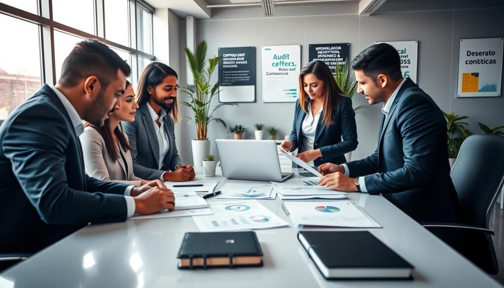 A professional accounting office scene featuring a modern workspace in São Bernardo do Campo, specifically highlighting the brand "Expansion Contabilidade." In the foreground, a diverse group of three professionals dressed in smart business attire is engaged in a discussion over financial reports and compliance documents. The middle ground showcases a sleek desk with a laptop, charts, and accounting books, creating a vibrant atmosphere of productivity. In the background, large windows let in natural light, illuminating the contemporary office décor with plants and motivational posters. The mood is focused and collaborative, emphasizing expertise in audit and fiscal compliance. The image is captured with a wide-angle lens, ensuring depth and clarity.