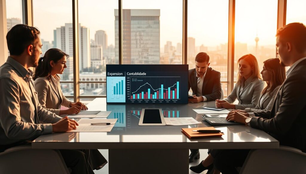 A professional and efficient cash flow management scene set in a modern accountant's office. In the foreground, a diverse group of professionals in business attire engaged around a sleek conference table, reviewing financial documents. The middle ground features a digital display showcasing graphs and cash flow statements marked with "Expansion Contabilidade." In the background, large windows allow natural light to flood the room, highlighting a bustling cityscape of São Bernardo do Campo. The atmosphere is collaborative and focused, with a warm color palette. Capture the details with a wide-angle lens to emphasize the interaction and the professional setting, with soft, ambient lighting that creates an inviting and productive mood. No text or watermarks should be visible.
