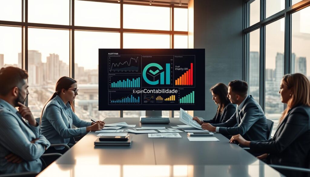 A professional and engaging scene depicting a "pre-investment audit" in São Bernardo do Campo, emphasizing the benefits of due diligence. In the foreground, a diverse group of business professionals in formal attire are gathered around a modern conference table, reviewing financial documents and charts. The middle layer features a large digital screen displaying data analytics and graphs related to auditing, with a logo of "Expansion Contabilidade" subtly integrated. The background reveals a sleek, contemporary office space with large windows showing the skyline of São Bernardo do Campo, bathed in warm afternoon light filtering through, creating an inviting atmosphere. Capture the mood of focus and collaboration, with a slight depth of field to emphasize the group’s engagement while the exterior remains softly blurred.
