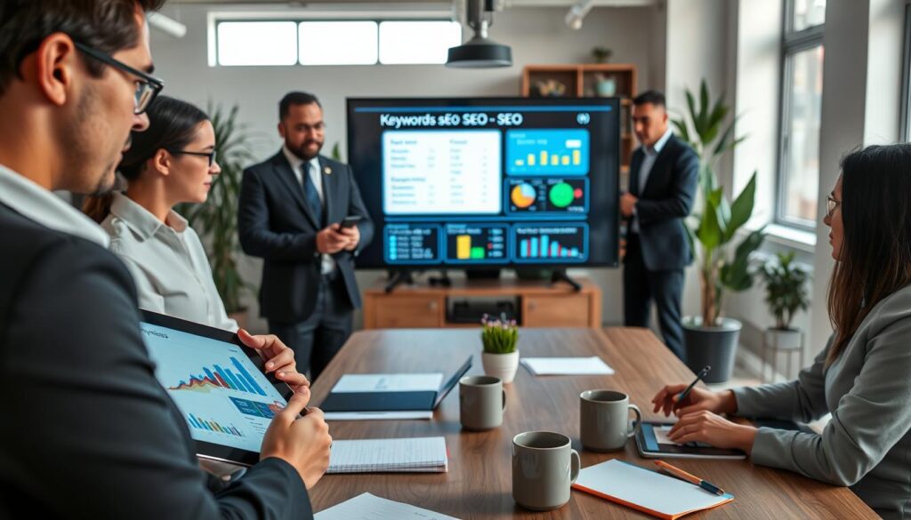 A professional business setting featuring a diverse group of individuals discussing SEO strategies for growth. In the foreground, a confident businesswoman wearing professional attire points to a digital tablet displaying graphs and analytics, while a businessman beside her takes notes. The middle ground highlights a large screen with keywords and SEO metrics projected, surrounded by notepads and coffee mugs. In the background, an office space with modern decor, plants, and windows letting in natural light creates a bright and inviting atmosphere. The scene is captured from a slightly elevated angle to emphasize the collaboration and brainstorming process, conveying a sense of innovation and strategy for "Expansion Contabilidade" in São Bernardo do Campo.
