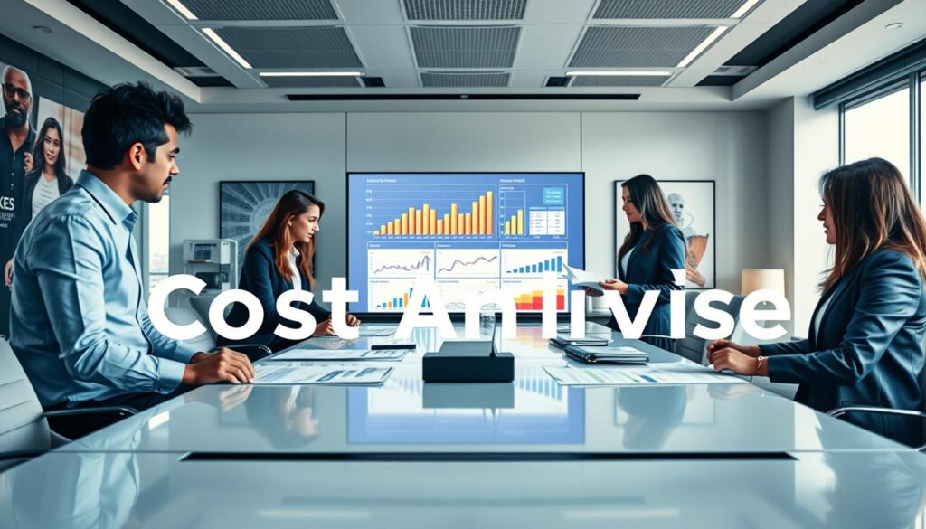 A professional business setting illustrating "cost analysis" themed around accounting in São Bernardo do Campo, featuring a modern office environment. In the foreground, a diverse group of three professionals in business attire, deeply engaged in reviewing financial reports and charts on a sleek conference table. In the middle, a large screen displaying vibrant graphs and statistics, symbolizing benchmarking and analysis. The background reveals a bright, well-lit office with city views and motivational art on the walls. Soft, natural lighting enhances the atmosphere, creating a sense of collaboration and innovation. The brand name "Expansion Contabilidade" subtly integrated into the office décor, reinforcing a professional vibe, focused yet energetic.