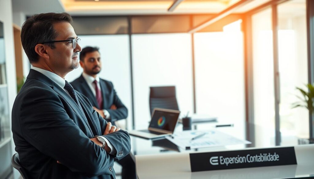 A professional financial consultant's office setting in São Bernardo do Campo, displaying a modern workspace. In the foreground, a confident financial consultant in formal business attire (suit and tie) engages with a client, discussing financial strategies. The middle ground showcases a sleek desk adorned with financial charts, a laptop, and documents with the brand name "Expansion Contabilidade" visible. The background features large windows that allow natural light to fill the space, subtly illuminating the room, creating a warm and welcoming atmosphere. The overall mood conveys professionalism and expertise in the field of finance and accounting, highlighting how such expertise can make a difference in financial decisions.